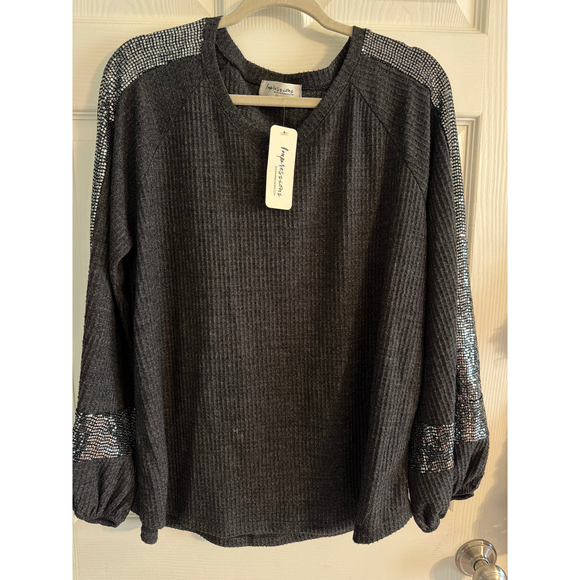 Impressions, User: None Tops - Impressions, User: None Impressions Gray Long Sleeve Top with Sequins